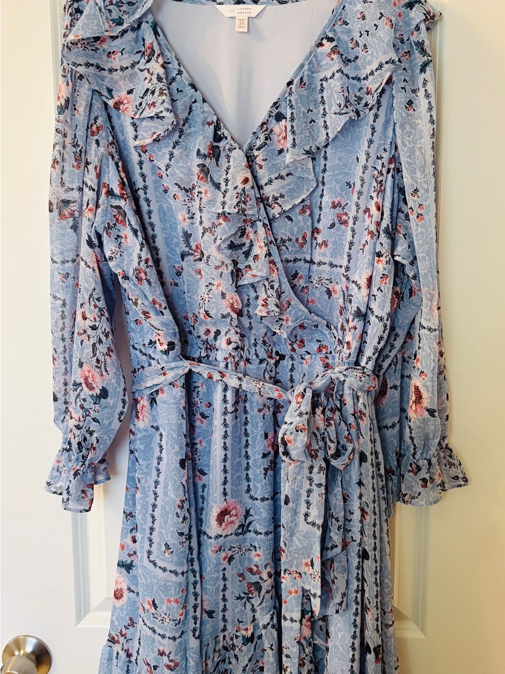 LC Lauren Conrad Light Blue Floral Ruffle Wrap Dress